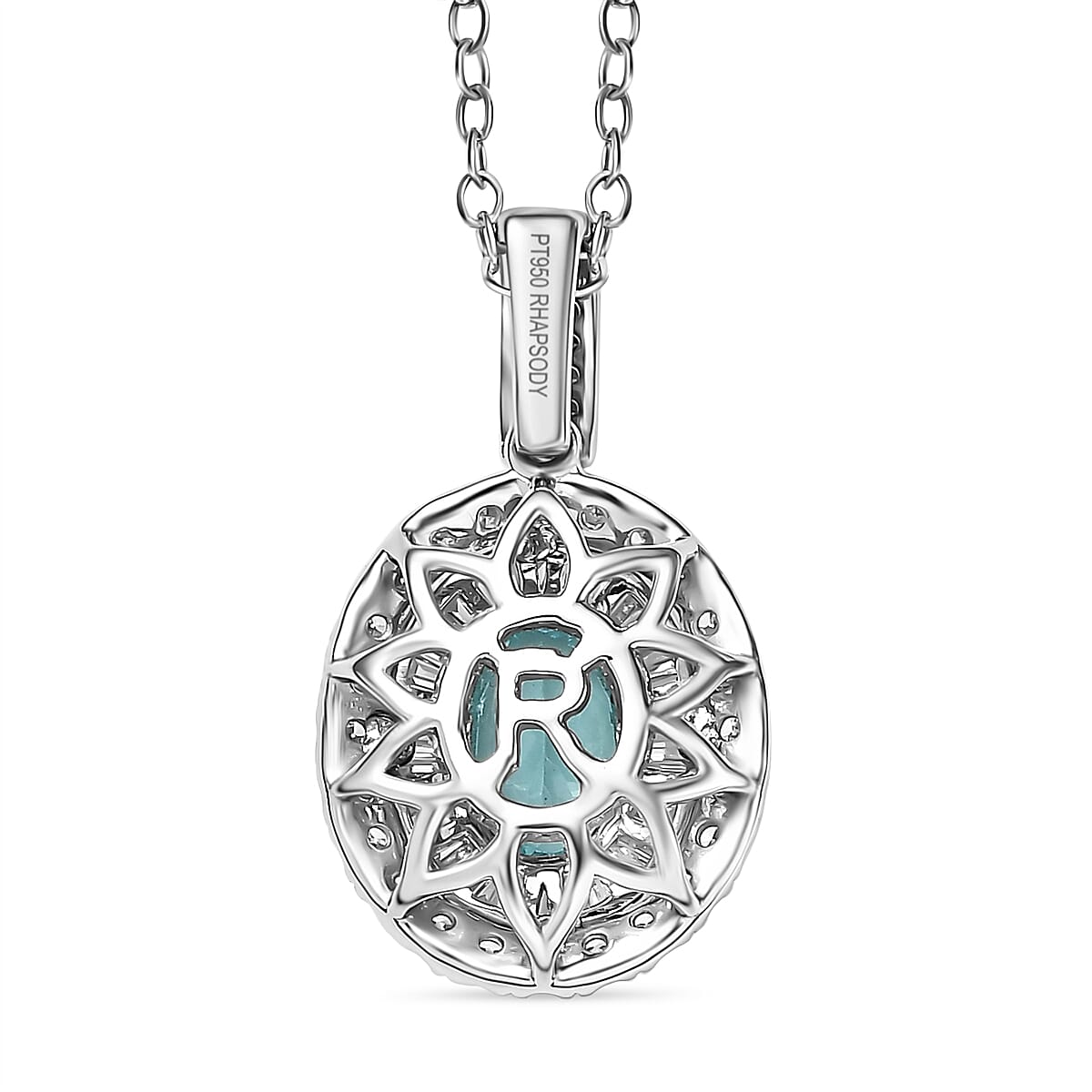 Certified & Appraised Rhapsody AAAA Paraiba Tourmaline and E-F VS2 Diamond 2.00 ctw Double Halo Pendant Necklace in 950 Platinum 4.60 Grams 20 Inches