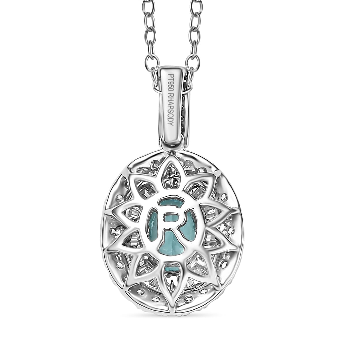 Certified & Appraised Rhapsody AAAA Paraiba Tourmaline and E-F VS2 Diamond 2.00 ctw Pendant Necklace in 950 Platinum 4.60 Grams 20 Inches image number 4