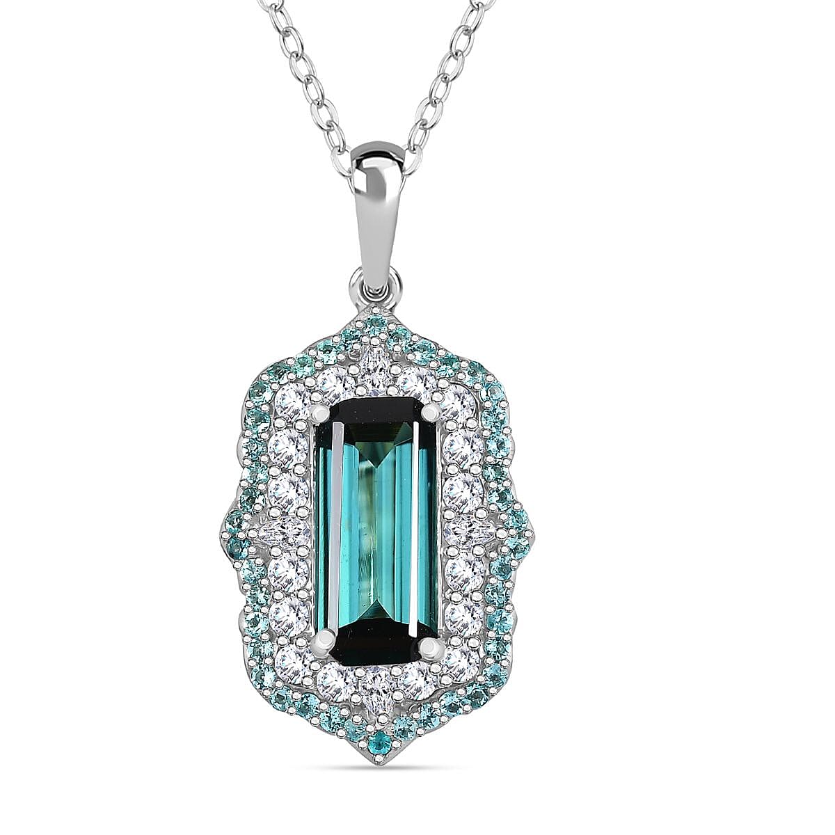 Certified & Appraised Rhapsody AAAA Monte Belo Indicolite, Paraiba Tourmaline and Diamond E-F VS2 3.50 ctw Pendant Necklace in 950 Platinum 20 inches 7.00 Grams image number 0