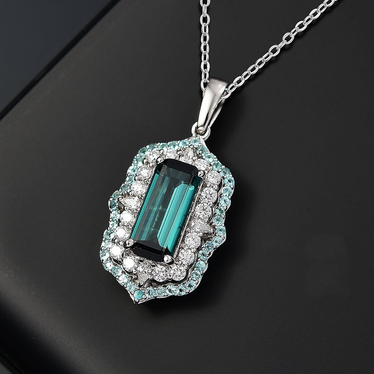Certified & Appraised Rhapsody AAAA Monte Belo Indicolite, Paraiba Tourmaline and Diamond E-F VS2 3.50 ctw Pendant Necklace in 950 Platinum 20 inches 7.00 Grams image number 1