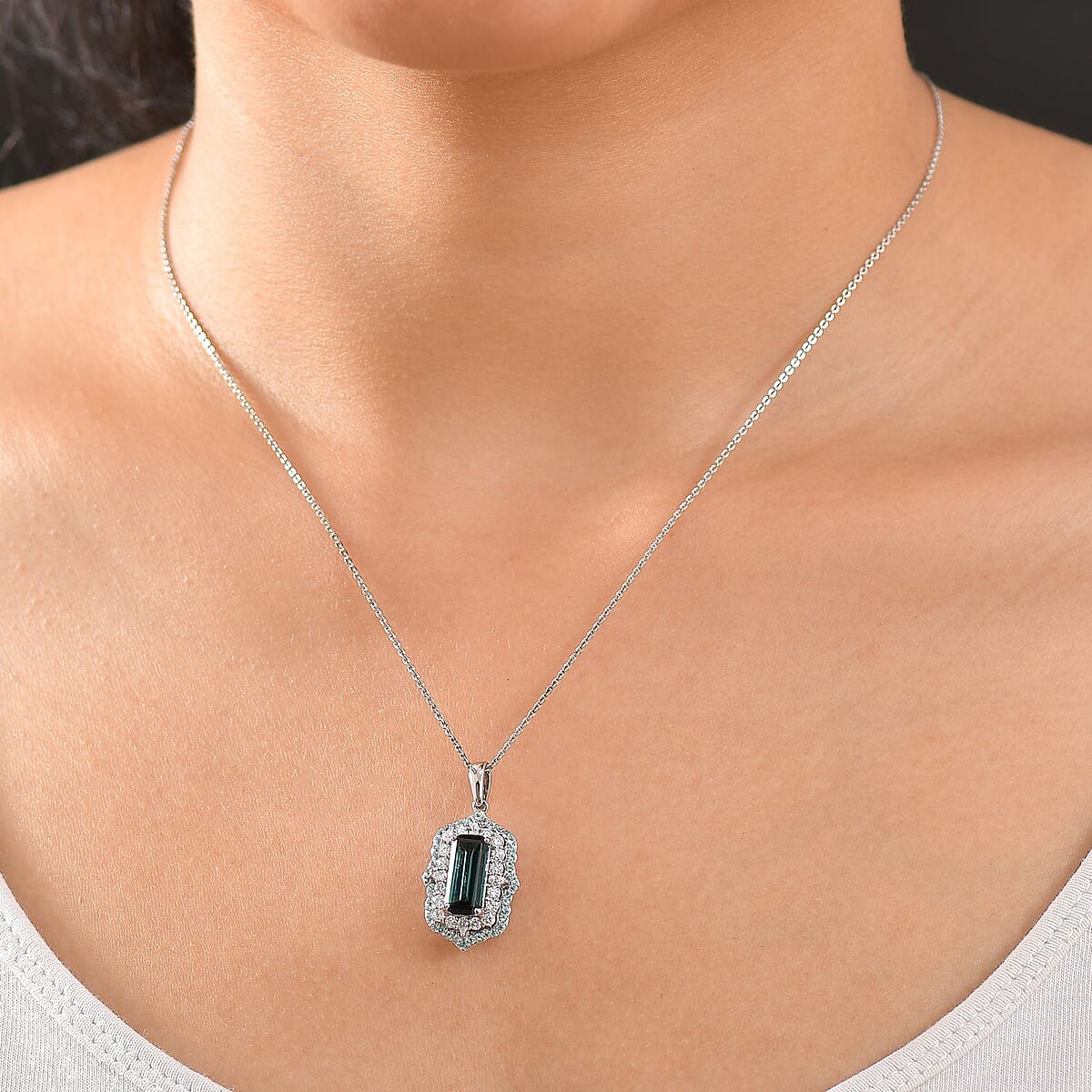Certified & Appraised Rhapsody AAAA Monte Belo Indicolite, Paraiba Tourmaline and Diamond E-F VS2 3.50 ctw Pendant Necklace in 950 Platinum 20 inches 7.00 Grams image number 2