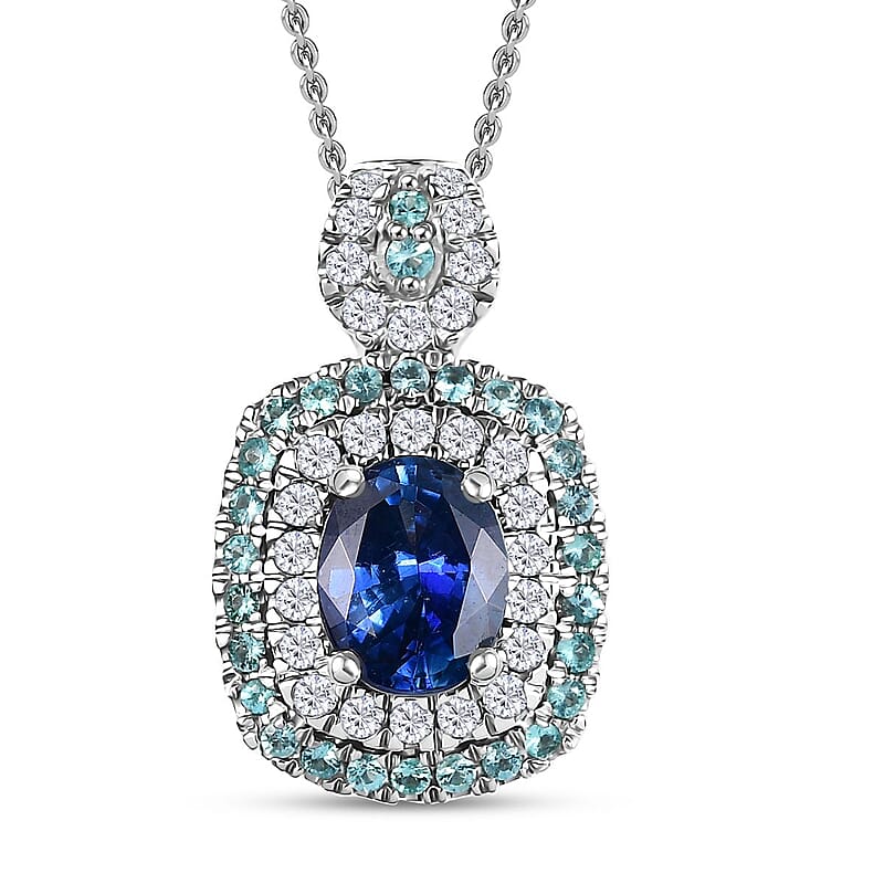 Certified & Appraised Rhapsody AAAA Ceylon Blue Sapphire, Paraiba Tourmaline and Diamond E-F VS 2.15 ctw Pendant Necklace in 950 Platinum 20 Inches