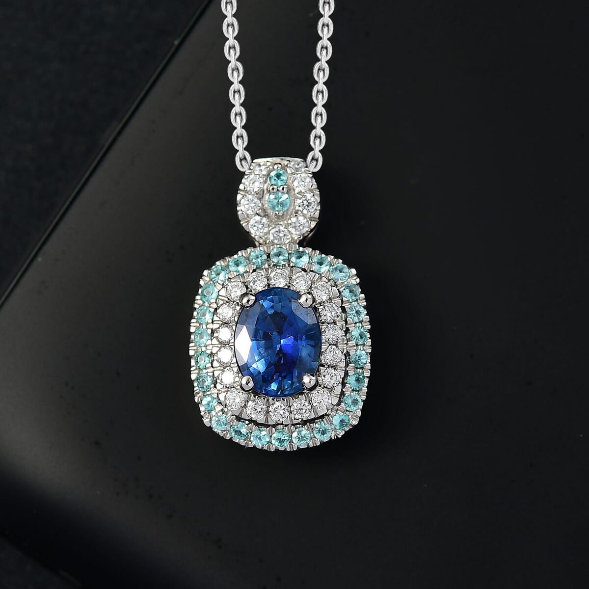 Certified & Appraised Rhapsody AAAA Ceylon Blue Sapphire, Paraiba Tourmaline and Diamond E-F VS 2.15 ctw Pendant Necklace in 950 Platinum 20 Inches 8.50 Grams image number 1
