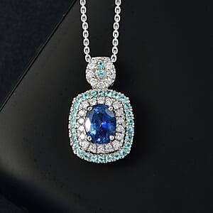 Certified & Appraised Rhapsody AAAA Ceylon Blue Sapphire, Paraiba Tourmaline and Diamond E-F VS 2.15 ctw Pendant Necklace in 950 Platinum 20 Inches 8.50 Grams