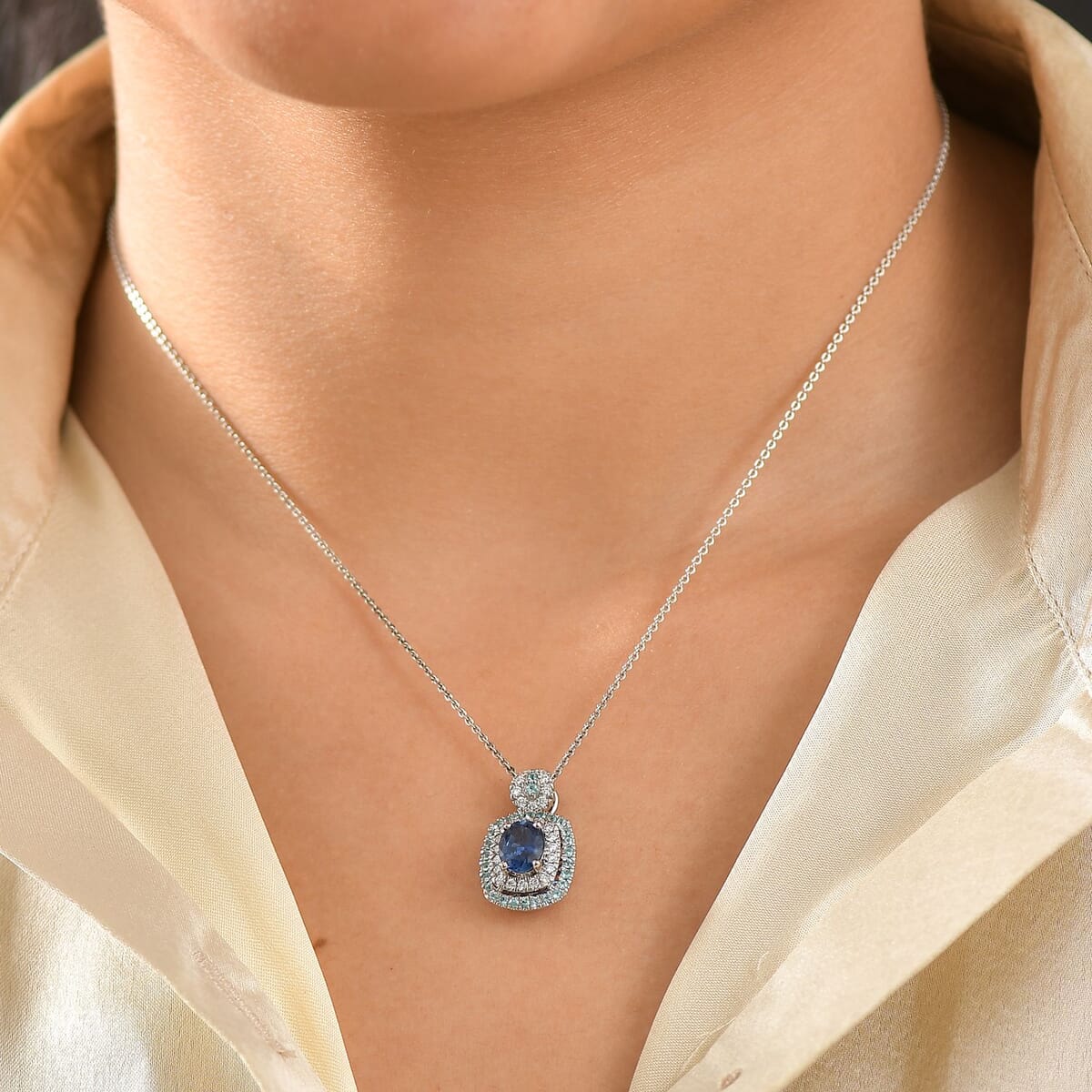Certified & Appraised Rhapsody AAAA Ceylon Blue Sapphire, Paraiba Tourmaline and Diamond E-F VS 2.15 ctw Pendant Necklace in 950 Platinum 20 Inches 8.50 Grams image number 2