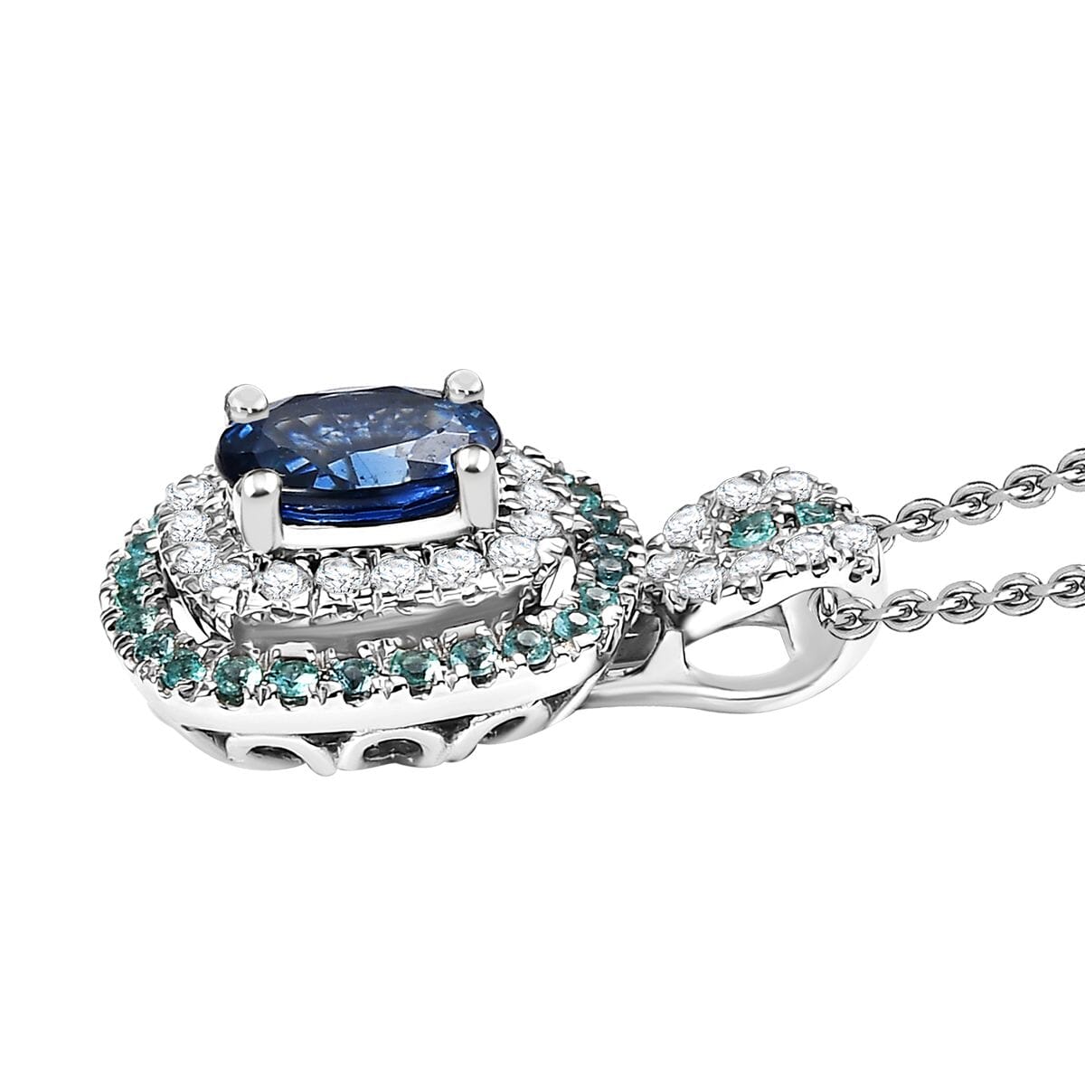 Certified & Appraised Rhapsody AAAA Ceylon Blue Sapphire, Paraiba Tourmaline and Diamond E-F VS 2.15 ctw Pendant Necklace in 950 Platinum 20 Inches 8.50 Grams image number 3