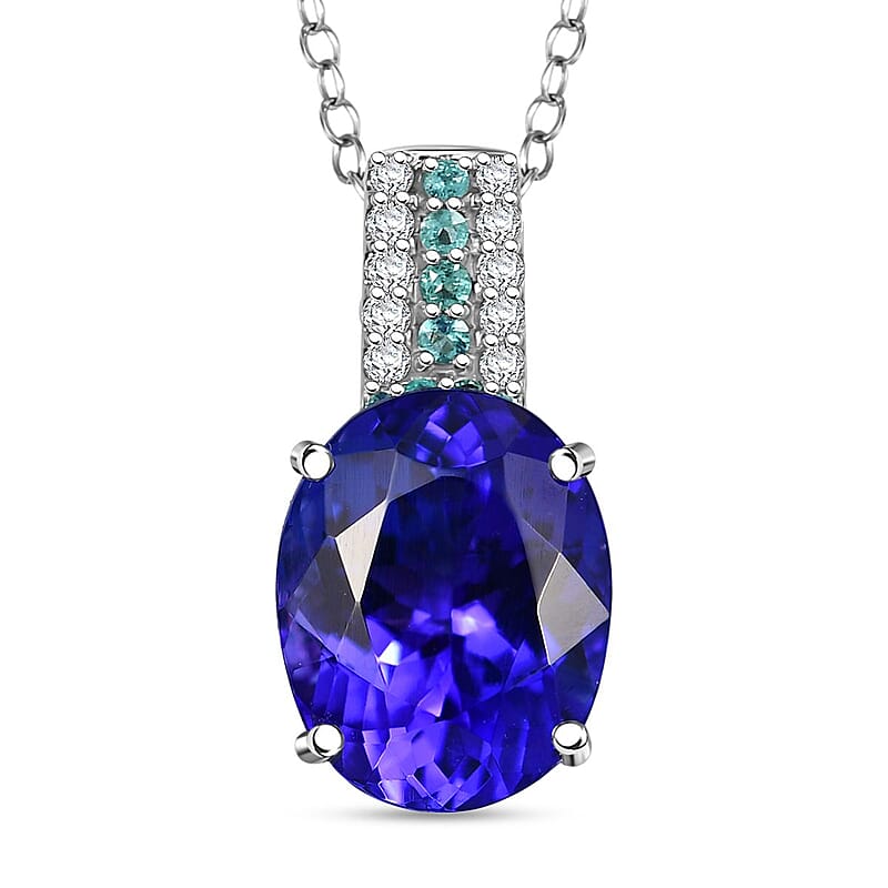 Certified & Appraised Rhapsody 950 Platinum AAAA Tanzanite, Paraiba Tourmaline and Diamond E-F VS2 5.00 ctw Pendant Necklace (20 Inches) 4.00 Grams 