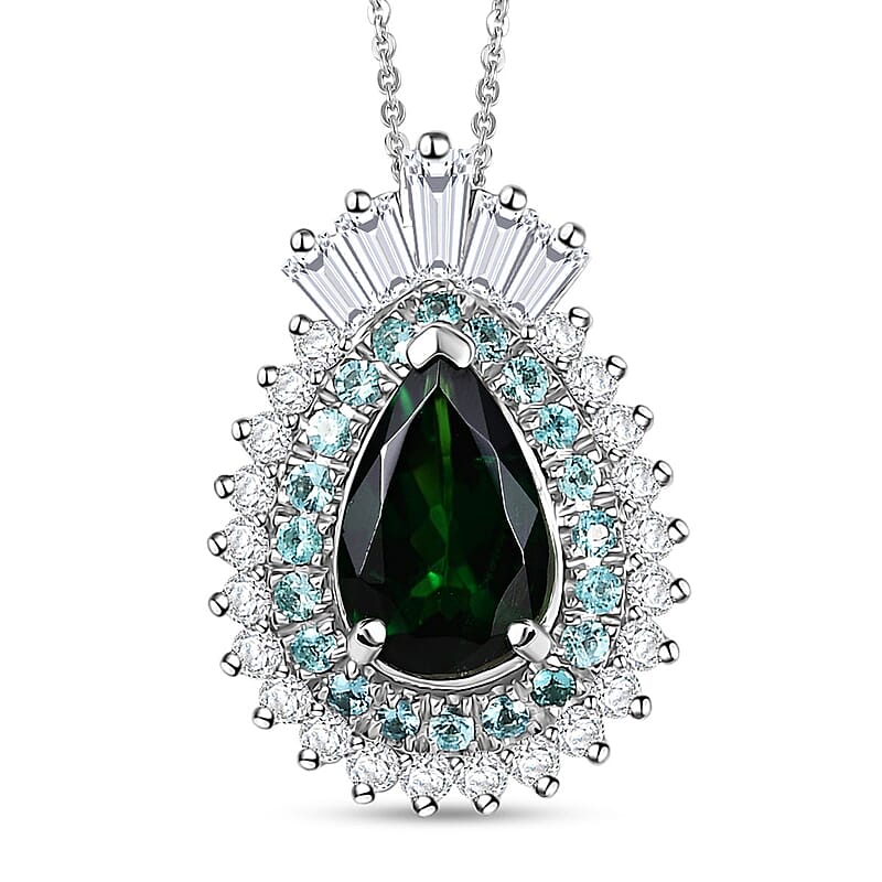 Certified & Appraised Rhapsody AAAA Tsavorite Garnet, Paraiba Tourmaline and Diamond E-F VS2 1.80 ctw Pendant Necklace in 950 Platinum 20 Inches
