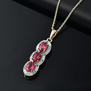Certified & Appraised Luxoro AAA Ouro Fino Rubellite, Paraiba Tourmaline and G-H I2 Diamond 3.05 ctw Pendant Necklace in 10K Yellow Gold 20 Inches