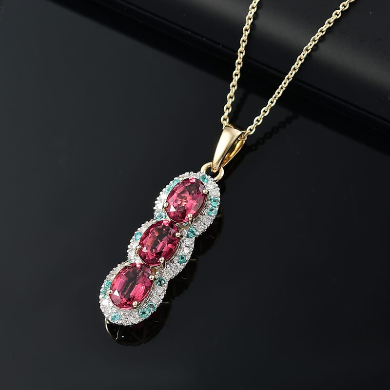 Certified & Appraised Luxoro AAA Ouro Fino Rubellite, Paraiba Tourmaline and G-H I2 Diamond 3.05 ctw Pendant Necklace in 10K Yellow Gold 20 Inches