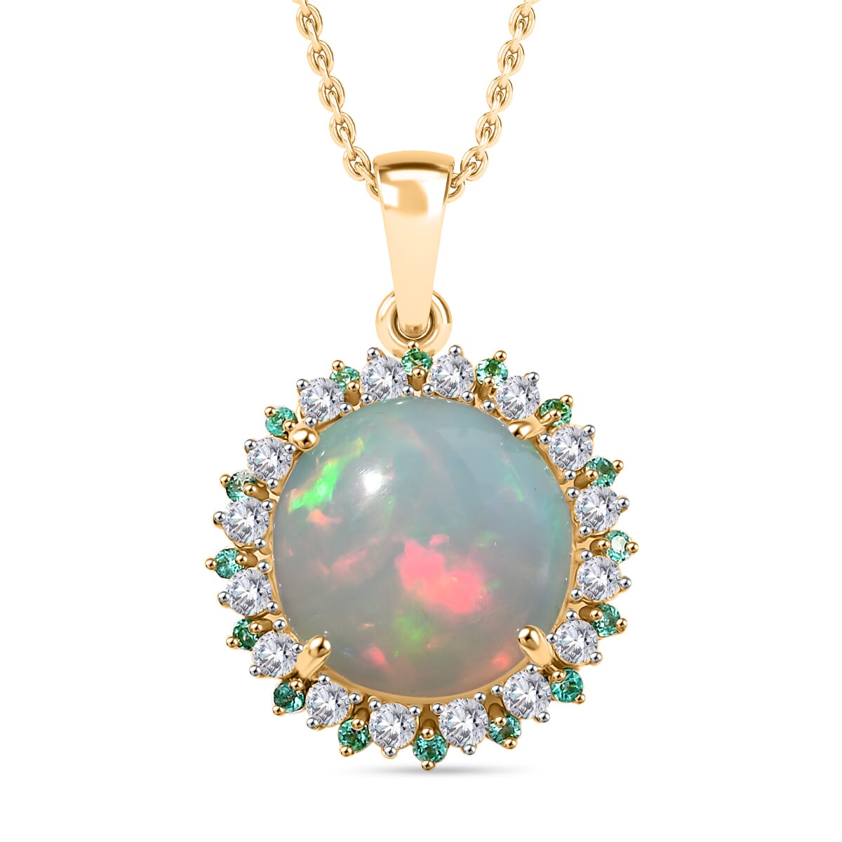Certified & Appraised Luxoro AAA Ethiopian Welo Opal, Paraiba Tourmaline and G-H I2 Diamond 6.00 ctw Pendant Necklace in 14K Yellow Gold 20 Inches (Del. in 10-12 Days)  image number 0