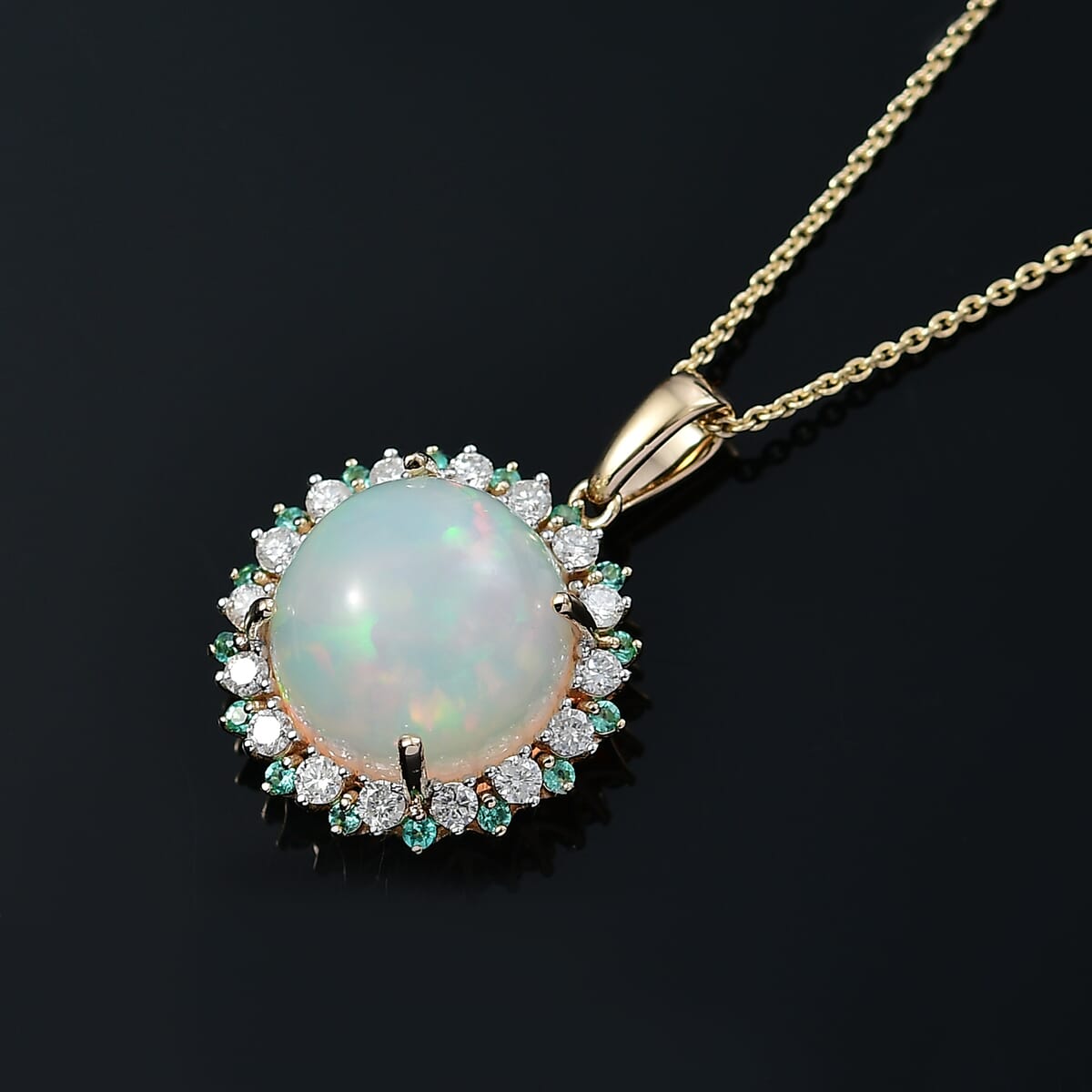 Certified & Appraised Luxoro AAA Ethiopian Welo Opal, Paraiba Tourmaline and G-H I2 Diamond 6.00 ctw Pendant Necklace in 14K Yellow Gold 20 Inches (Del. in 10-12 Days)  image number 1