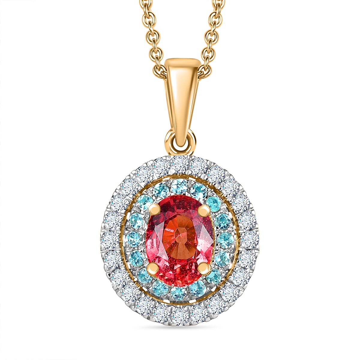 Certified & Appraised Luxoro AAAA Padparadscha Sapphire, Paraiba Tourmaline and G-H I2 Diamond 1.65 ctw Pendant Necklace in 14K Yellow Gold 20 Inches image number 0