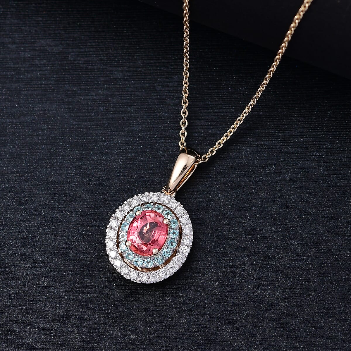 Certified & Appraised Luxoro AAAA Padparadscha Sapphire, Paraiba Tourmaline and G-H I2 Diamond 1.65 ctw Pendant Necklace in 14K Yellow Gold 20 Inches image number 1