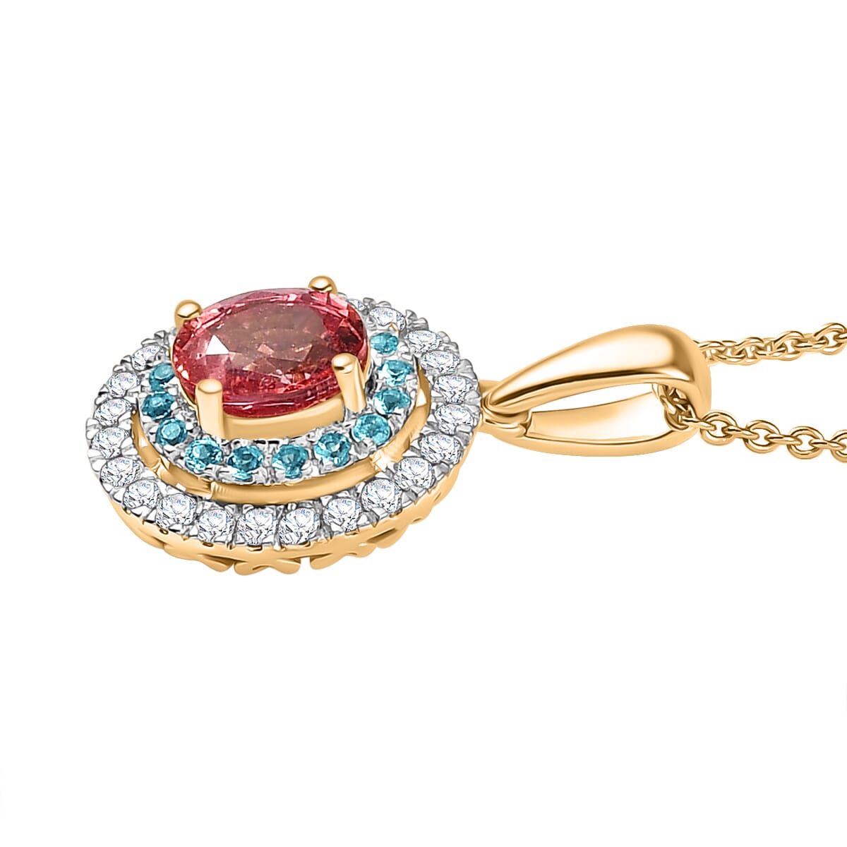 Certified & Appraised Luxoro AAAA Padparadscha Sapphire, Paraiba Tourmaline and G-H I2 Diamond 1.65 ctw Pendant Necklace in 14K Yellow Gold 20 Inches image number 2