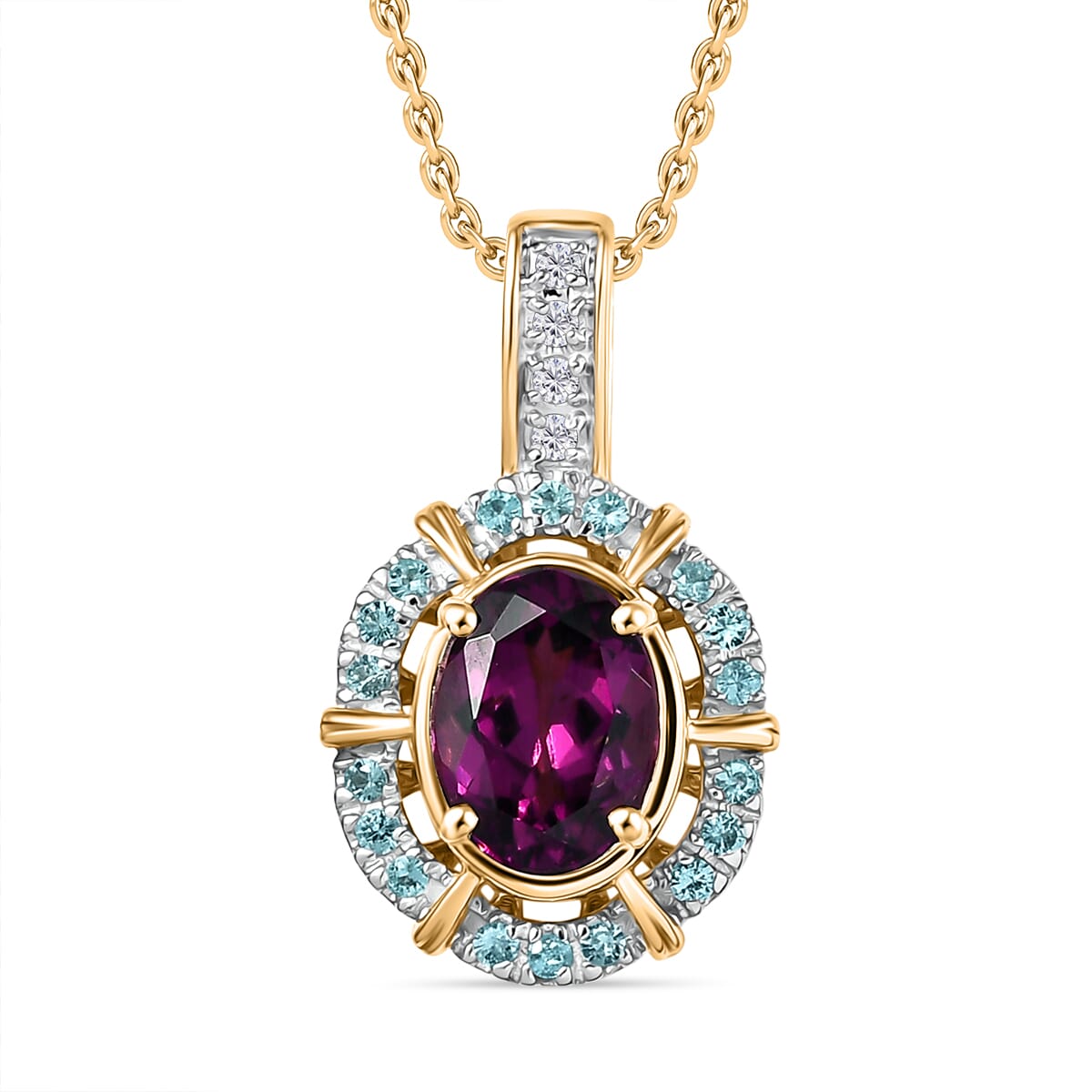 Certified & Appraised Luxoro AAA Radiant Ember Garnet, Paraiba Tourmaline and G-H I2 Diamond 1.70 ctw Pendant Necklace in 10K Yellow Gold 20 Inches (Del. in 10-12 Days)  image number 0