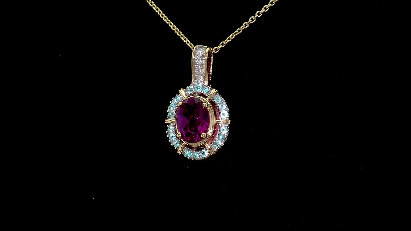 Certified & Appraised Luxoro AAA Radiant Ember Garnet, Paraiba Tourmaline and G-H I2 Diamond 1.70 ctw Pendant Necklace in 10K Yellow Gold 20 Inches