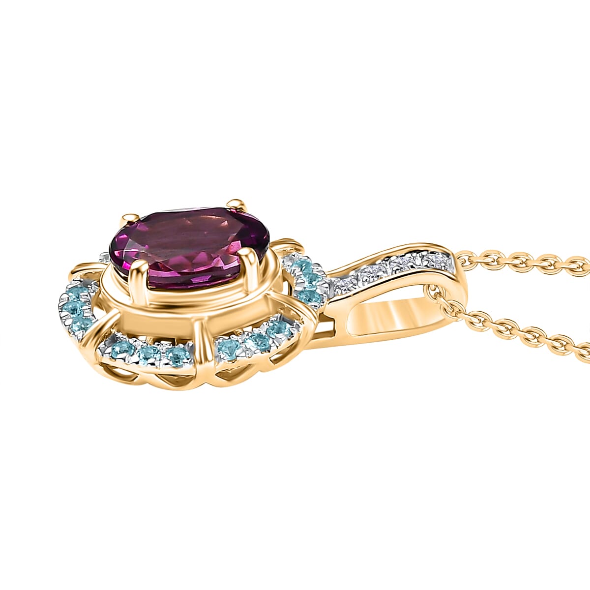Certified & Appraised Luxoro AAA Radiant Ember Garnet, Paraiba Tourmaline and G-H I2 Diamond 1.70 ctw Pendant Necklace in 10K Yellow Gold 20 Inches (Del. in 10-12 Days)  image number 3