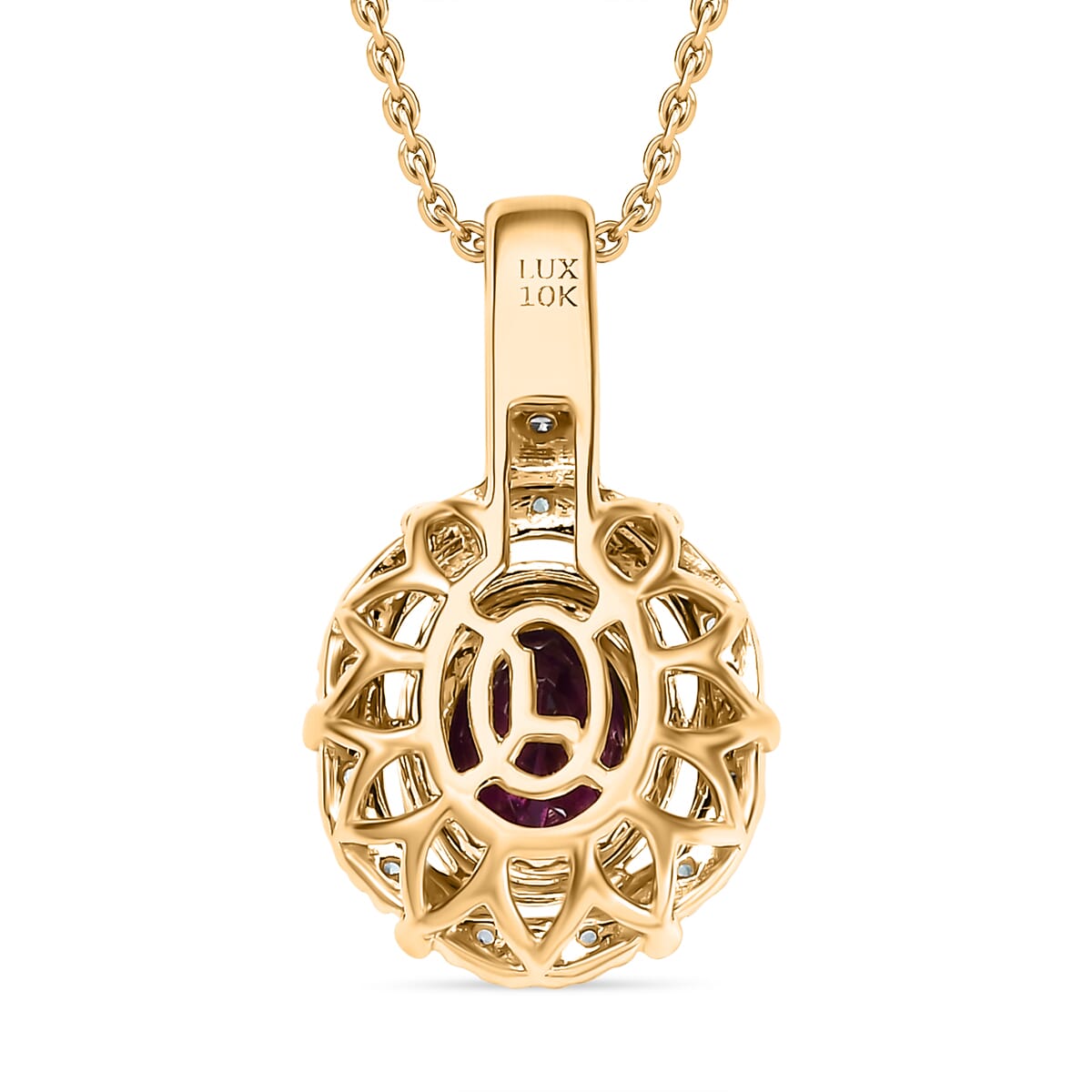 Certified & Appraised Luxoro AAA Radiant Ember Garnet, Paraiba Tourmaline and G-H I2 Diamond 1.70 ctw Pendant Necklace in 10K Yellow Gold 20 Inches (Del. in 10-12 Days)  image number 4