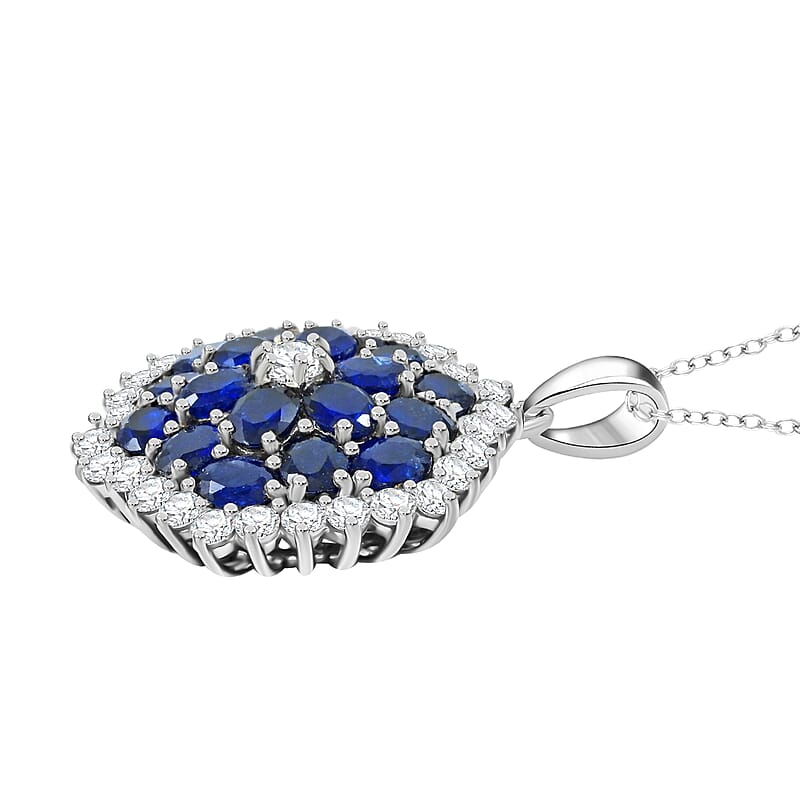 Blue Sapphire and White Zircon 5.15 ctw Floral Spray Pendant Necklace 18 Inches in Platinum Over Sterling Silver