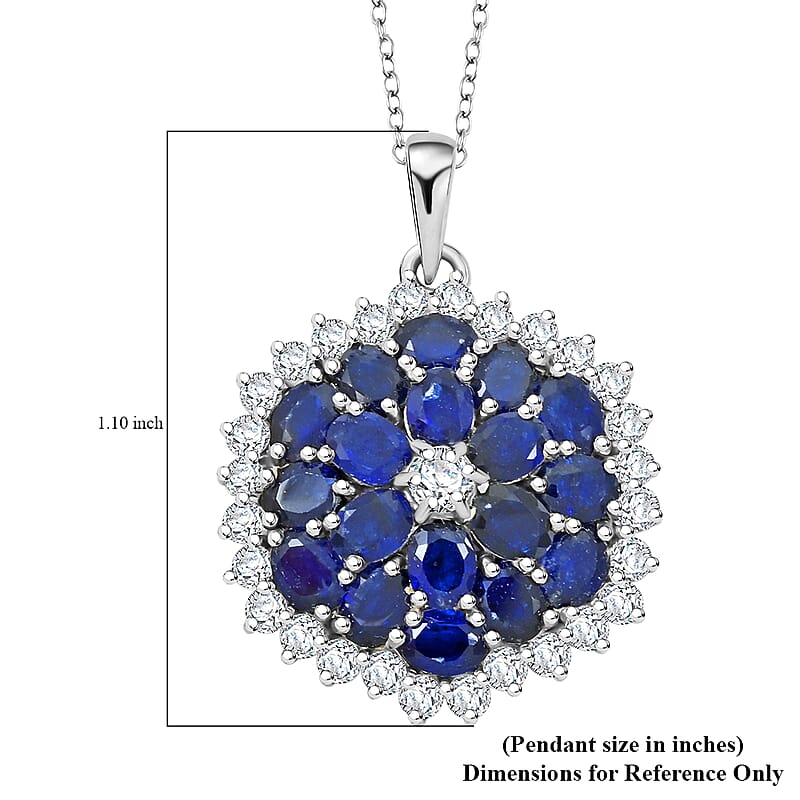 Blue Sapphire and White Zircon 5.15 ctw Floral Spray Pendant Necklace 18 Inches in Platinum Over Sterling Silver