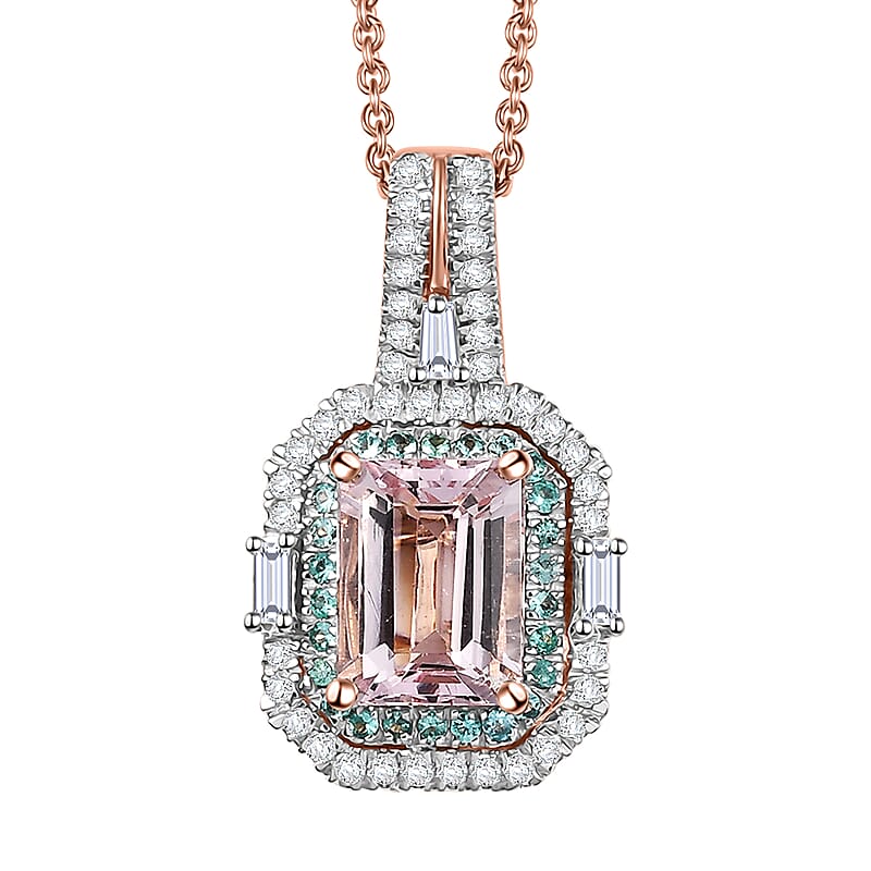Certified & Appraised Luxoro AAA Pink Morganite, Paraiba Tourmaline and Diamond G-H I2 2.15 ctw Pendant Necklace in 14K Rose Gold 20 Inches