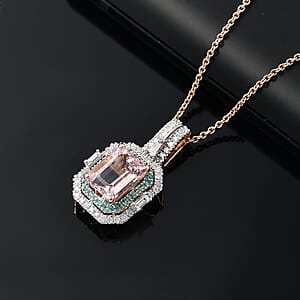 Certified & Appraised Luxoro AAA Pink Morganite, Paraiba Tourmaline and Diamond G-H I2 2.15 ctw Pendant Necklace in 14K Rose Gold 20 Inches (Del. in 10-12 Days) 