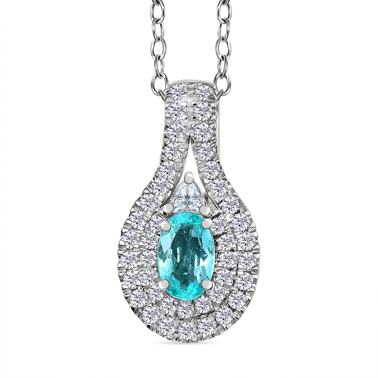 Certified and Appraised Rhapsody AAAA Paraiba Tourmaline and Diamond E-F VS2 1.15 ctw Pendant Necklace in 950 Platinum 20 Inches