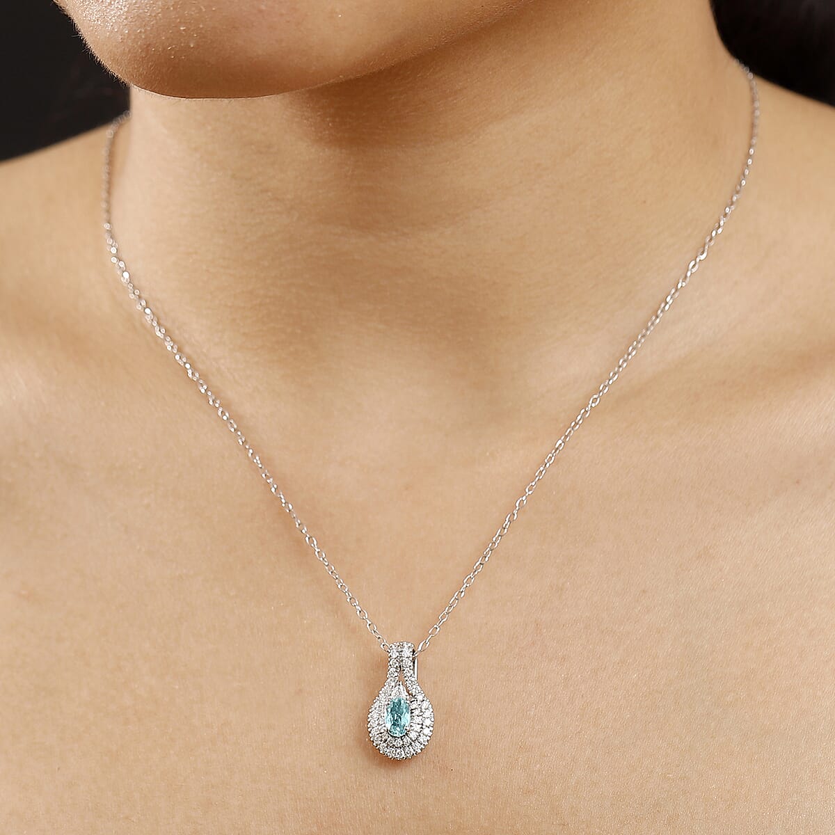Certified & Appraised Rhapsody AAAA Paraiba Tourmaline and E-F VS2 Diamond 1.15 ctw Pendant Necklace in 950 Platinum 20 Inches 5.57 Grams image number 2