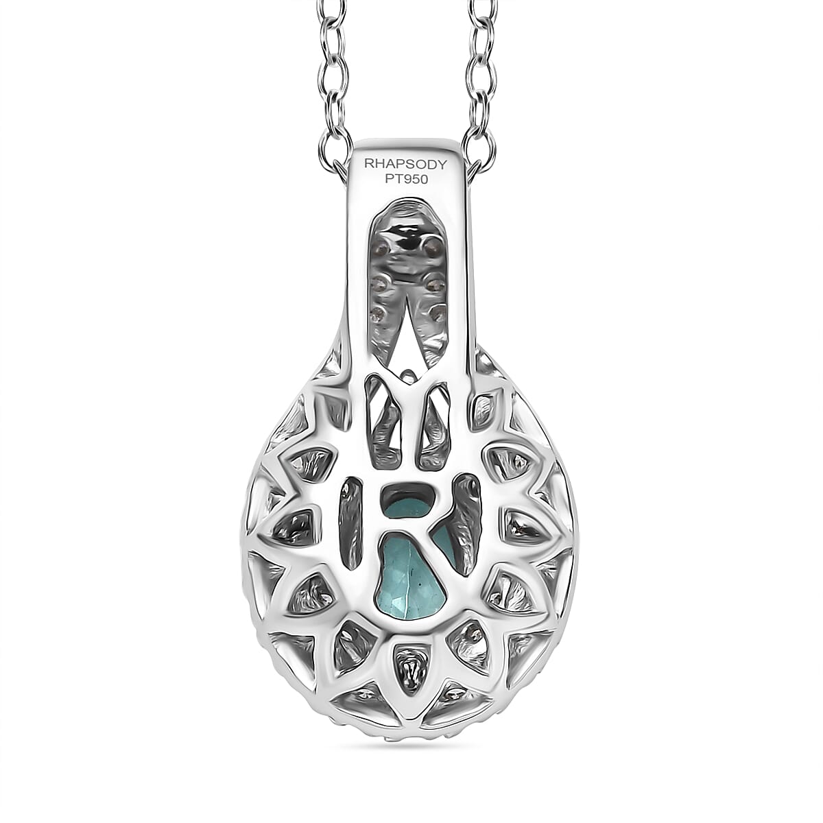 Certified & Appraised Rhapsody AAAA Paraiba Tourmaline and E-F VS2 Diamond 1.15 ctw Pendant Necklace in 950 Platinum 20 Inches 5.57 Grams image number 4