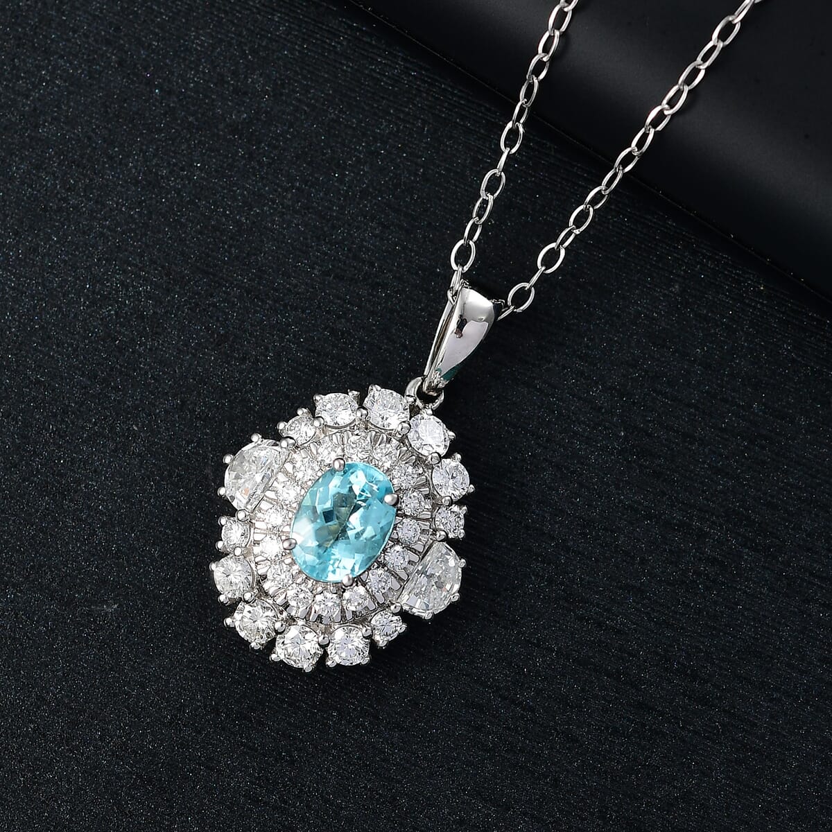 Certified & Appraised Rhapsody AAAA Paraiba Tourmaline and E-F VS2 Diamond 2.25 ctw Pendant Necklace in 950 Platinum 5.50 Grams 20 Inches image number 1