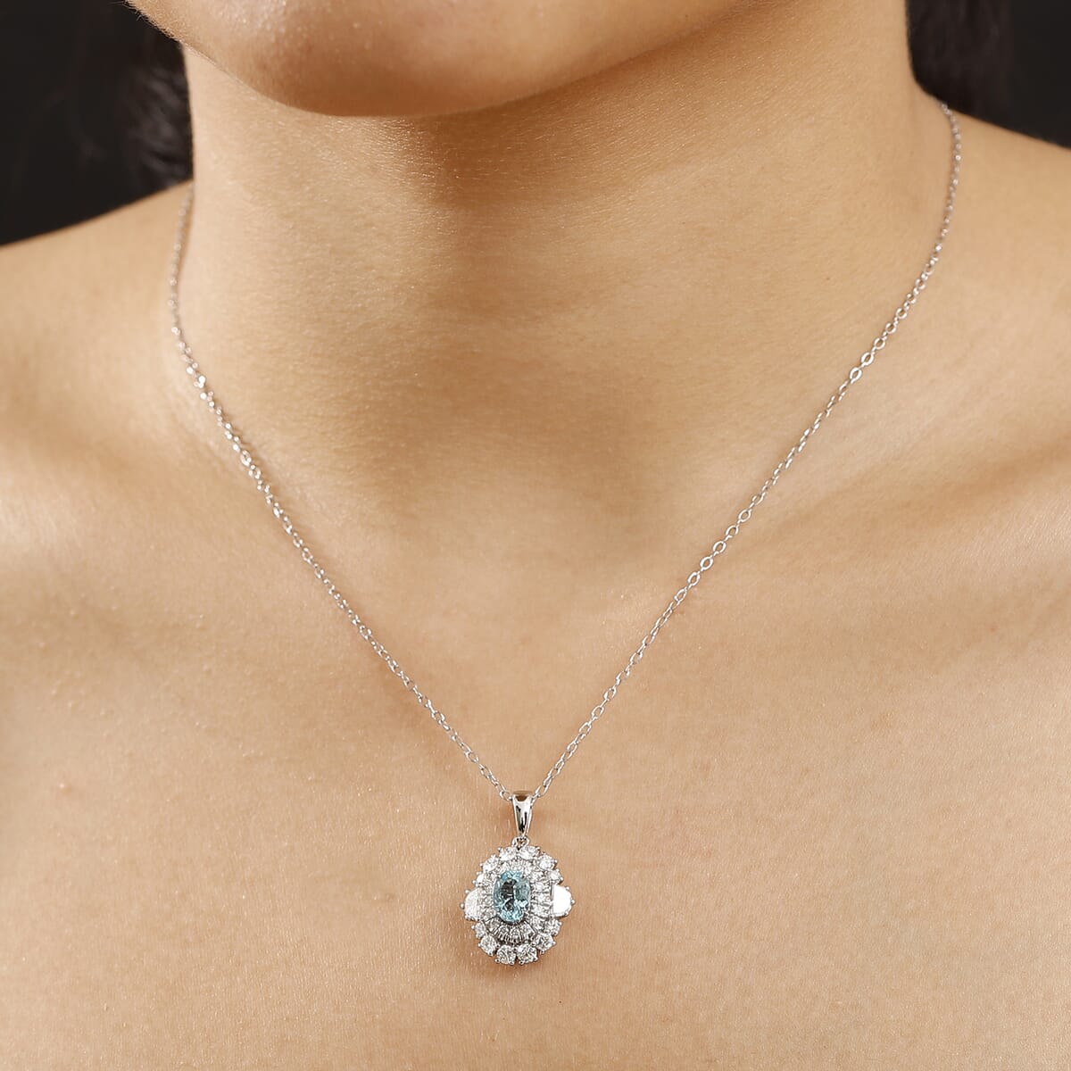 Certified & Appraised Rhapsody AAAA Paraiba Tourmaline and E-F VS2 Diamond 2.25 ctw Pendant Necklace in 950 Platinum 5.50 Grams 20 Inches image number 2