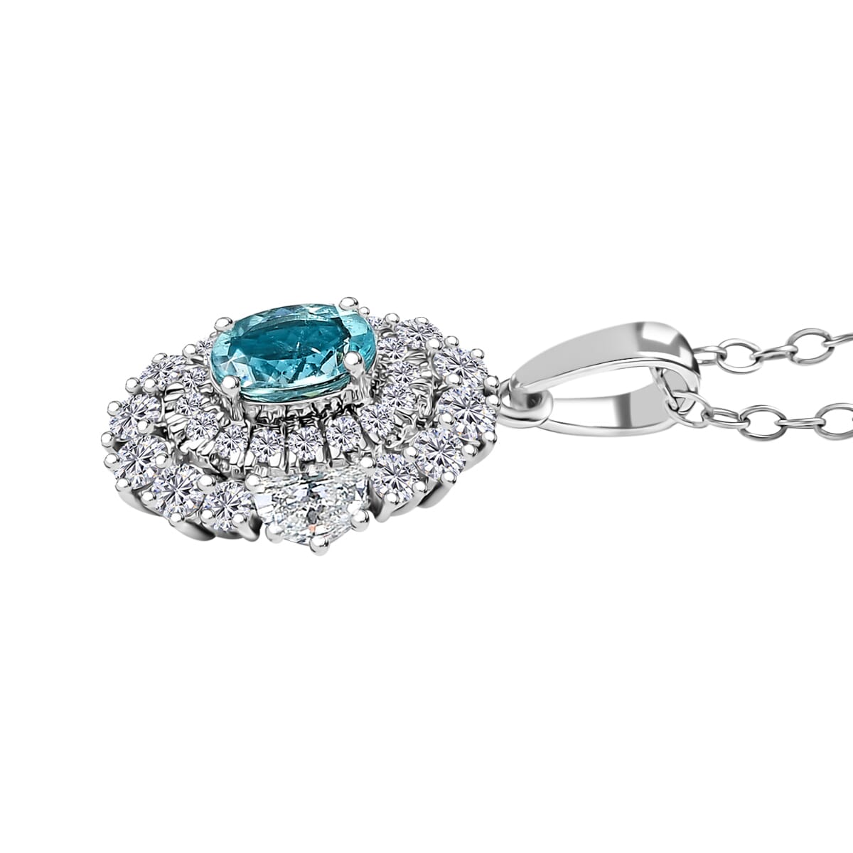 Certified & Appraised Rhapsody AAAA Paraiba Tourmaline and E-F VS2 Diamond 2.25 ctw Pendant Necklace in 950 Platinum 5.50 Grams 20 Inches image number 3