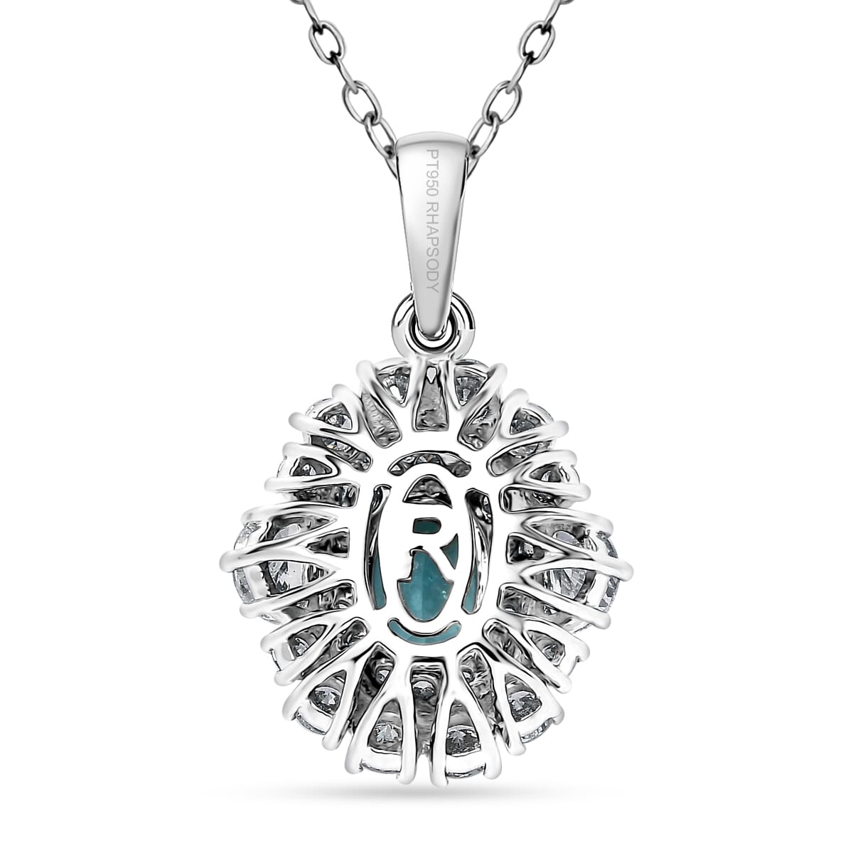 Certified & Appraised Rhapsody AAAA Paraiba Tourmaline and E-F VS2 Diamond 2.25 ctw Pendant Necklace in 950 Platinum 5.50 Grams 20 Inches image number 4