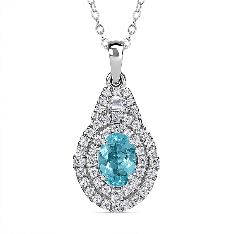 Certified & Appraised Rhapsody AAAA Paraiba Tourmaline and E-F VS2 Diamond 2.22 ctw Pendant Necklace in 950 Platinum 4.53 Grams 20 Inches