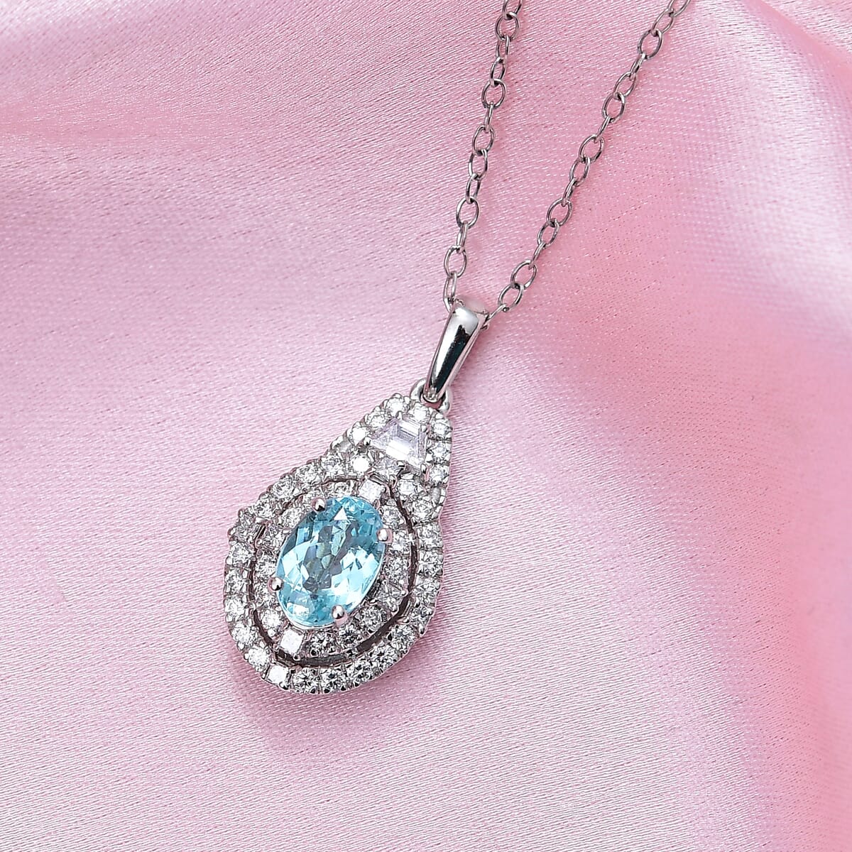 Certified & Appraised Rhapsody AAAA Paraiba Tourmaline and E-F VS2 Diamond 2.22 ctw Pendant Necklace in 950 Platinum 4.53 Grams 20 Inches (Del. in 10-12 Days)  image number 1