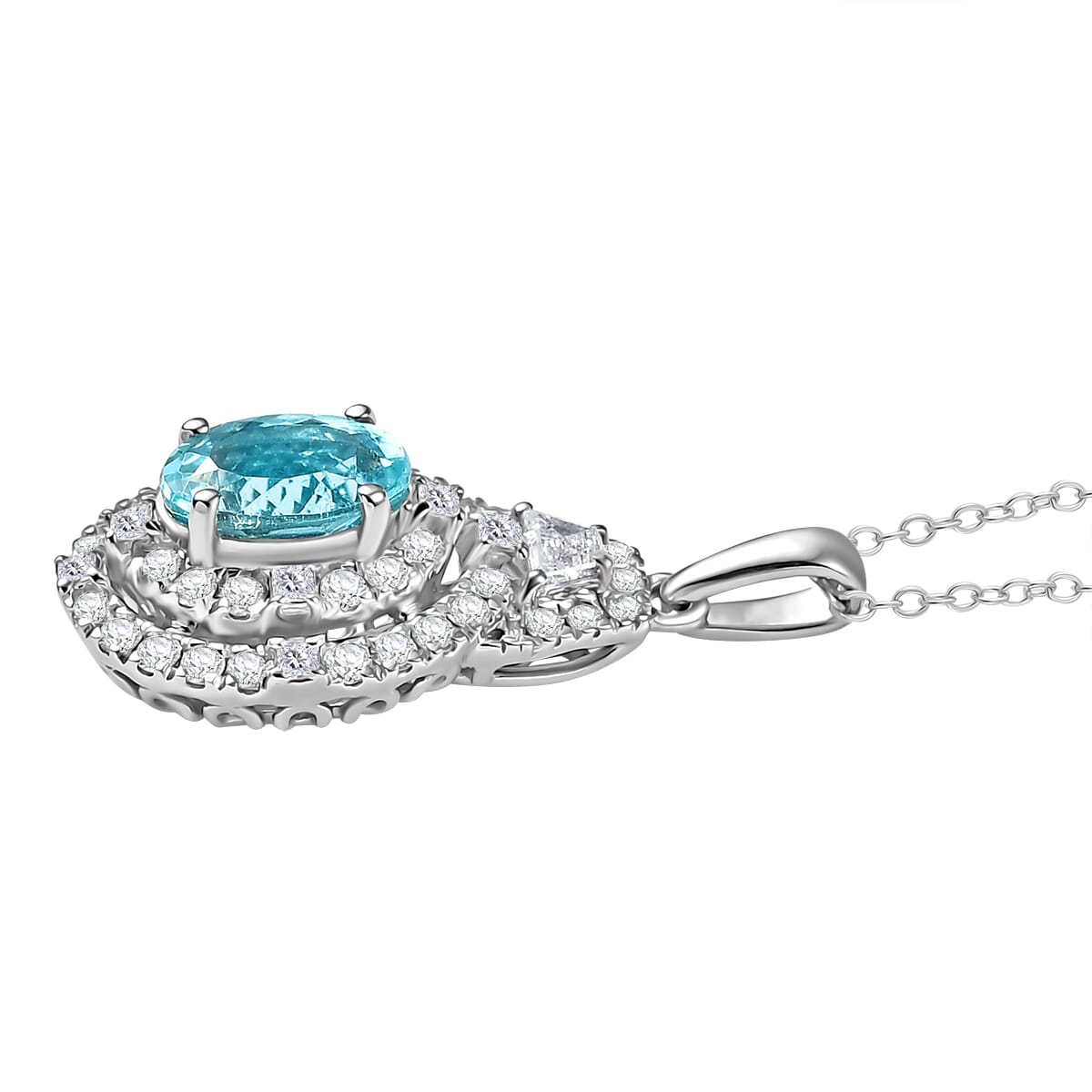 Certified & Appraised Rhapsody AAAA Paraiba Tourmaline and E-F VS2 Diamond 2.22 ctw Pendant Necklace in 950 Platinum 4.53 Grams 20 Inches (Del. in 10-12 Days)  image number 3