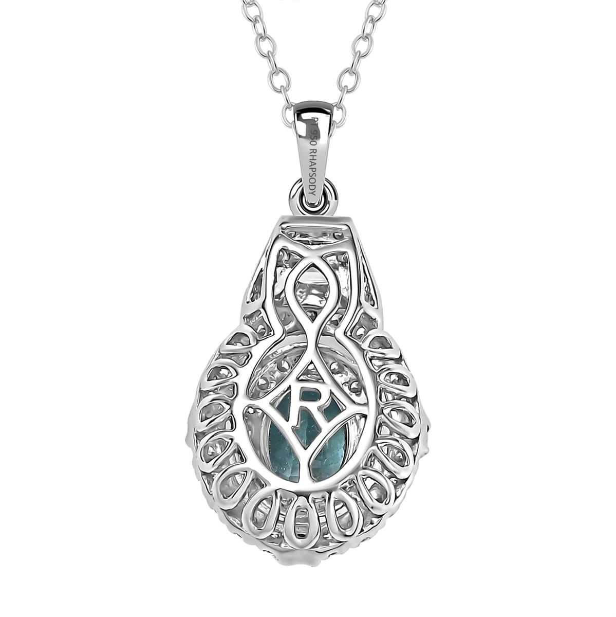 Certified & Appraised Rhapsody AAAA Paraiba Tourmaline and E-F VS2 Diamond 2.22 ctw Pendant Necklace in 950 Platinum 4.53 Grams 20 Inches (Del. in 10-12 Days)  image number 4