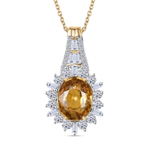 AAA Tanzania Yellow Zircon and Luxuriant Lab Grown Diamond 4.85 ctw Golden Radiance Pendant Necklace in 10K Yellow Gold 20 Inches