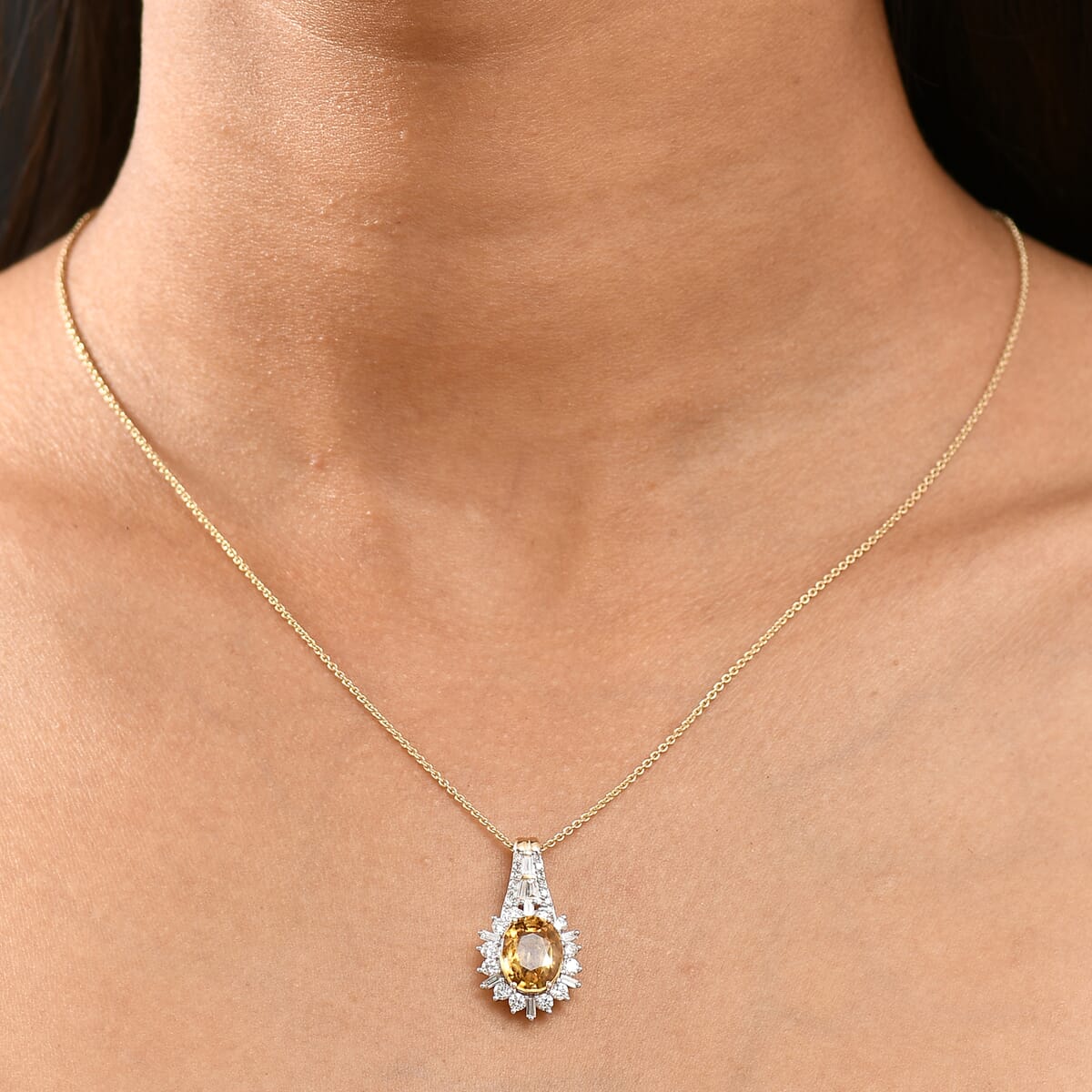 AAA Tanzania Yellow Zircon and Luxuriant Lab Grown Diamond 4.85 ctw Golden Radiance Pendant Necklace in 10K Yellow Gold 20 Inches image number 2