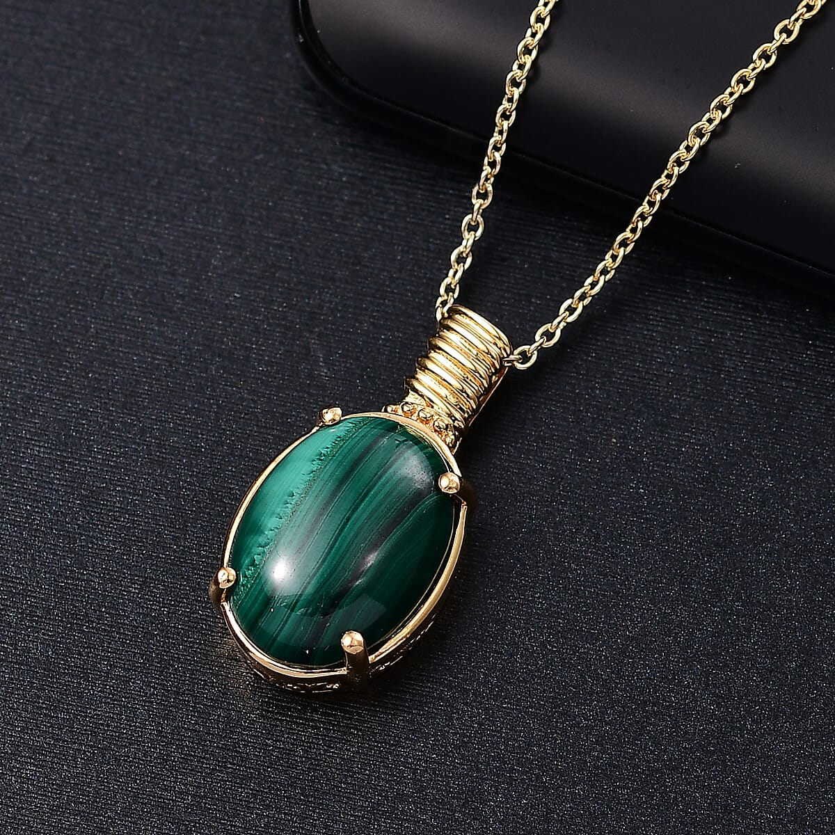 African Malachite 18.00 ctw Pendant in 18K YG Plated with ION Plated YG Stainless Steel Necklace 20 Inches image number 1