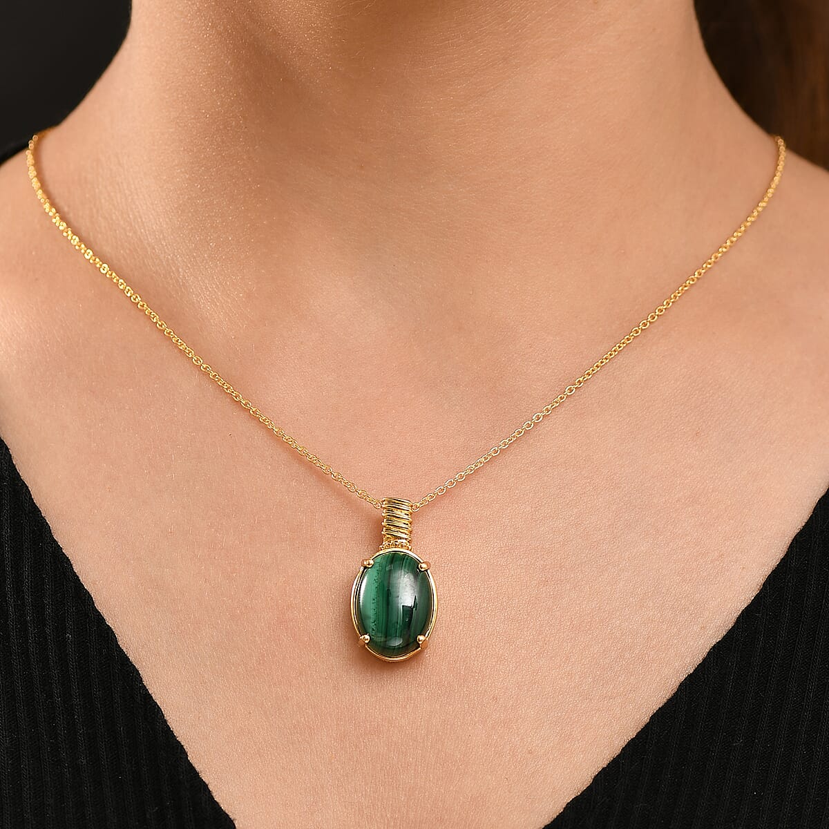 African Malachite 18.00 ctw Pendant in 18K YG Plated with ION Plated YG Stainless Steel Necklace 20 Inches image number 2