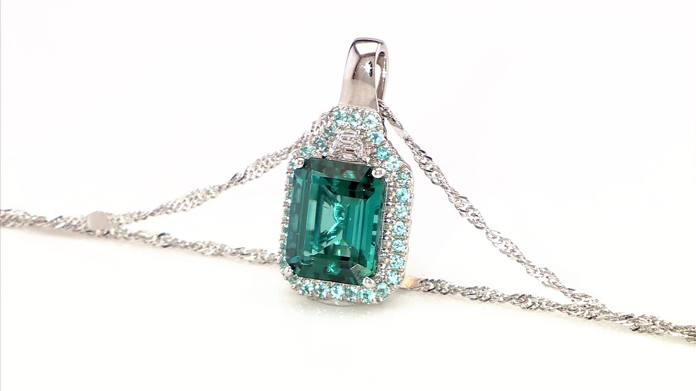 Rhapsody AAAA Lagoon Tourmaline, AAAA Paraiba Tourmaline and E-F VS 2 Diamond 5.00 ctw Pendant Necklace 20 Inches in 950 Platinum