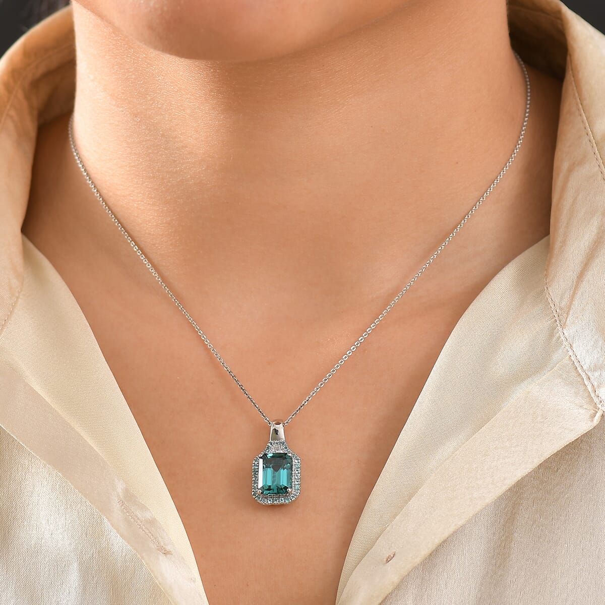 Rhapsody AAAA Lagoon Tourmaline, AAAA Paraiba Tourmaline and E-F VS 2 Diamond 5.00 ctw Pendant Necklace 20 Inches in 950 Platinum image number 2