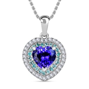 Certified & Appraised Rhapsody AAAA Tanzanite, Paraiba Tourmaline and E-F VS2 Diamond 2.20 ctw Heart Pendant Necklace in 950 Platinum 20 Inches 4.15 Grams (Del. in 10-12 Days) 