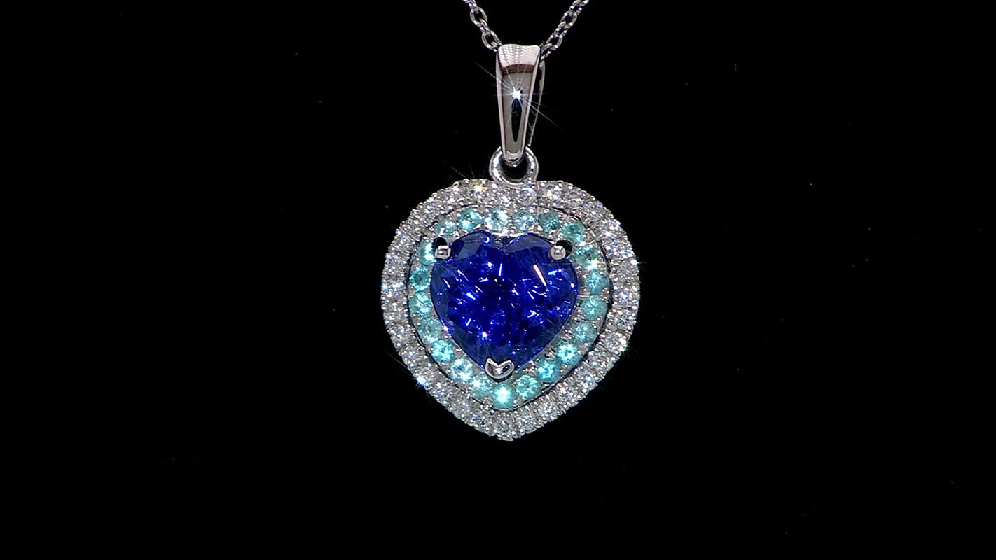 Certified & Appraised Rhapsody AAAA Tanzanite, Paraiba Tourmaline and E-F VS2 Diamond 2.20 ctw Heart Pendant Necklace in 950 Platinum 20 Inches 4.15 Grams