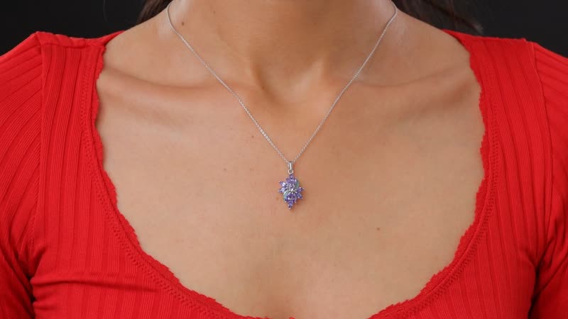 Premium Tanzanite and AAA Paraiba Tourmaline 1.82 ctw Floral Pendant Necklace in Rhodium Over Sterling Silver 20 Inches