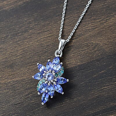 Premium Tanzanite and AAA Paraiba Tourmaline 1.82 ctw Floral Pendant Necklace in Rhodium Over Sterling Silver 20 Inches