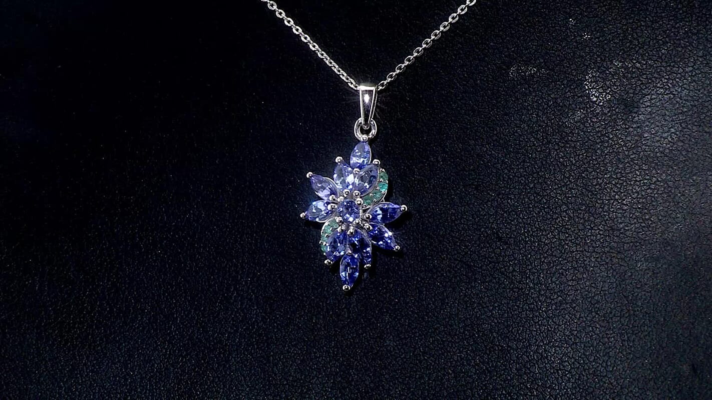 Premium Tanzanite and AAA Paraiba Tourmaline 1.82 ctw Floral Pendant Necklace in Rhodium Over Sterling Silver 20 Inches