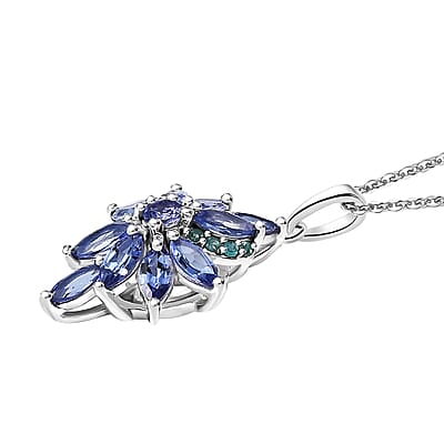Premium Tanzanite and AAA Paraiba Tourmaline 1.82 ctw Floral Pendant Necklace in Rhodium Over Sterling Silver 20 Inches